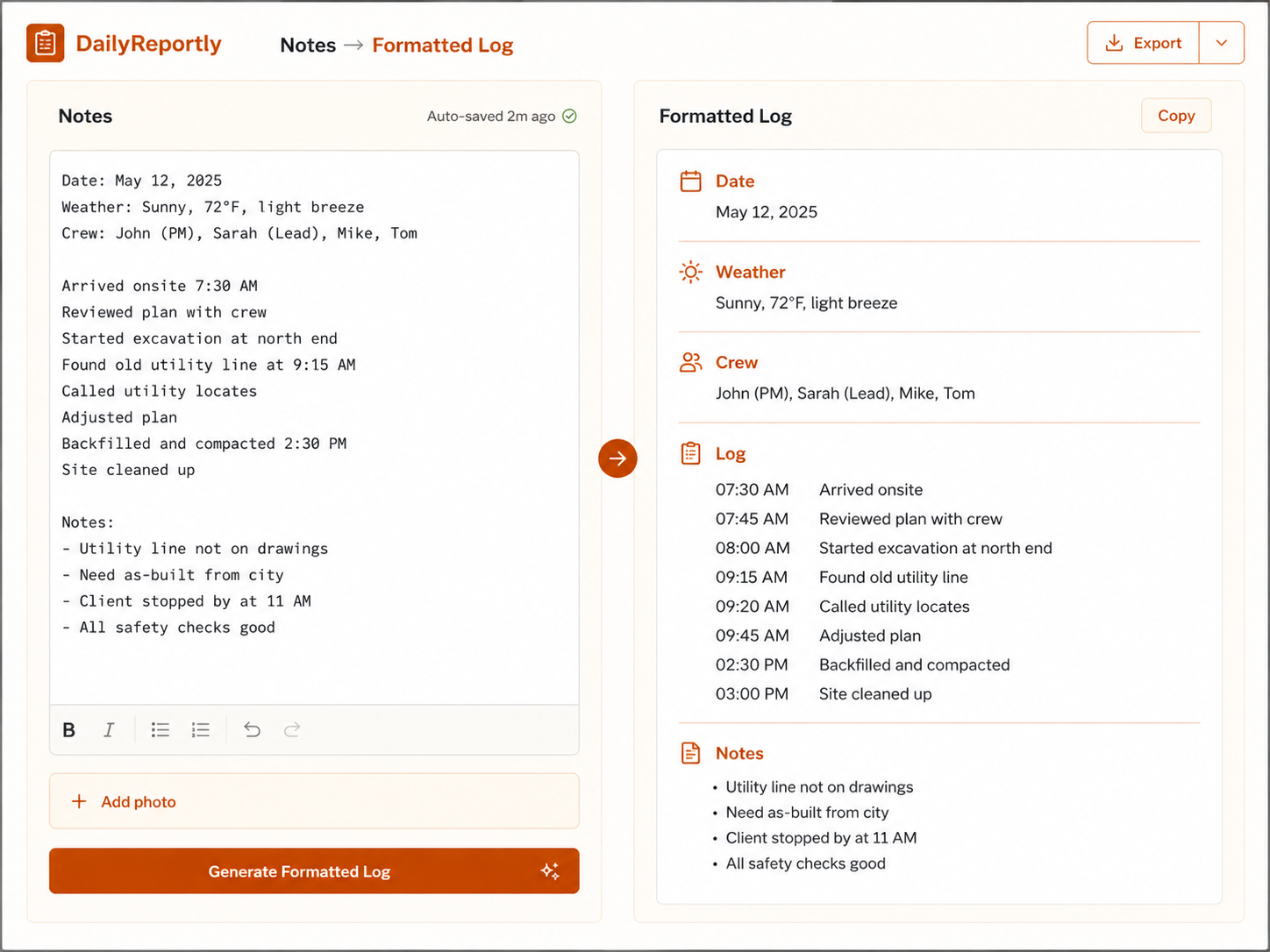 Jobsite notes formatted into a daily log