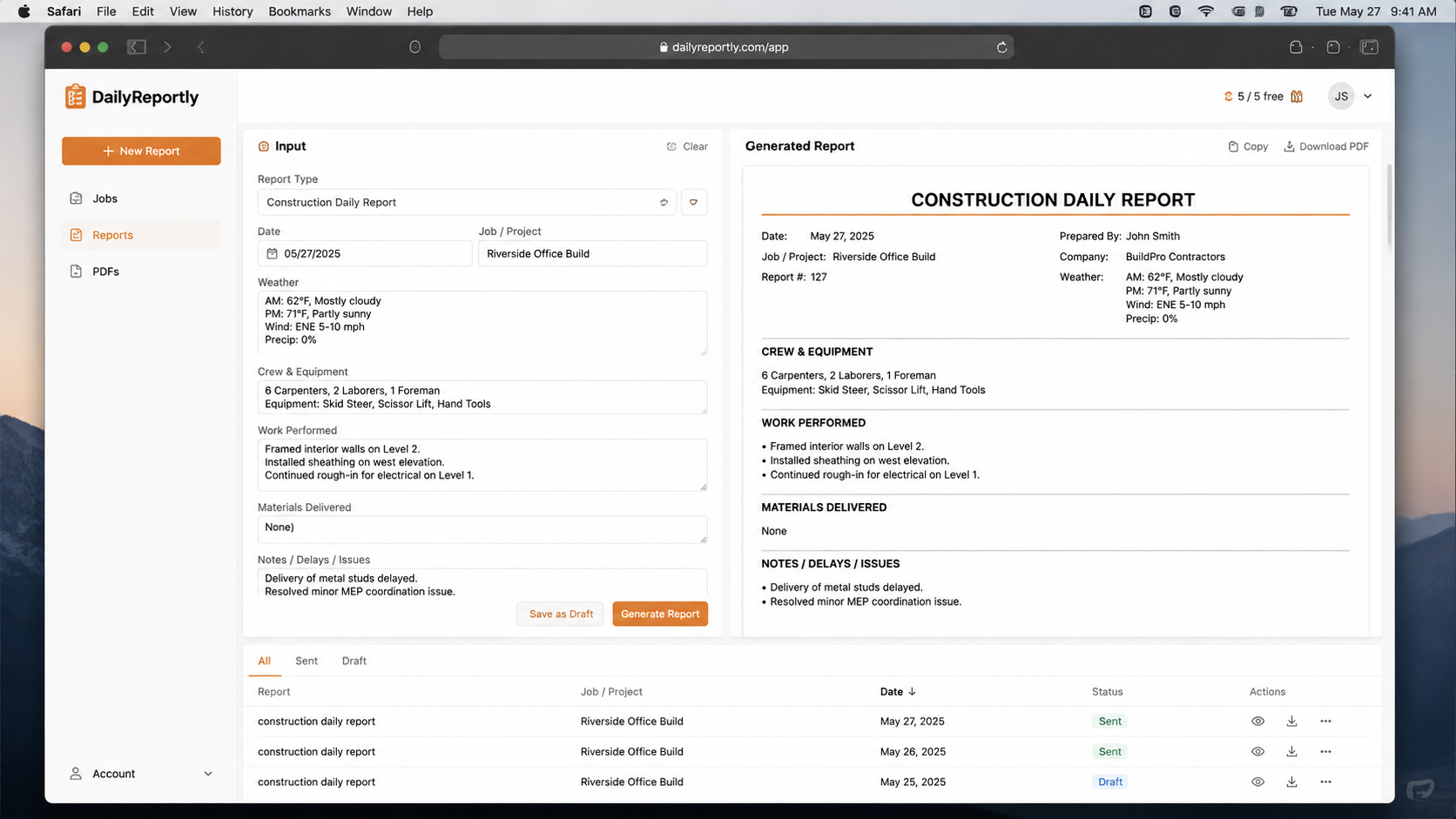 DailyReportly construction daily report dashboard — notes in, PDF out